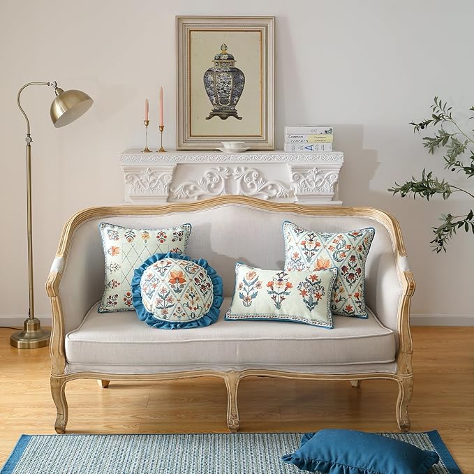 ISAENNE Design Square Linen Throw Pillow Covers 18"x18" Pack of 2, Blue Floral Country Cushion Covers with Colorful Wildflower Pattern Decor Pillowcases for Bed,Living Room,Outdoor,Car