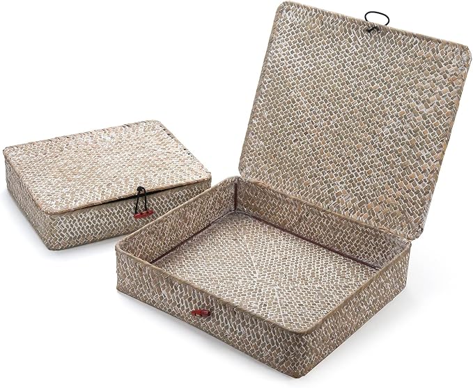 Seagrass Storage Baskets with Lids, Flat Wicker Basket, Shallow Woven Basket for Shelf, Decorative Storage Boxes for Organizing (Whitewash)