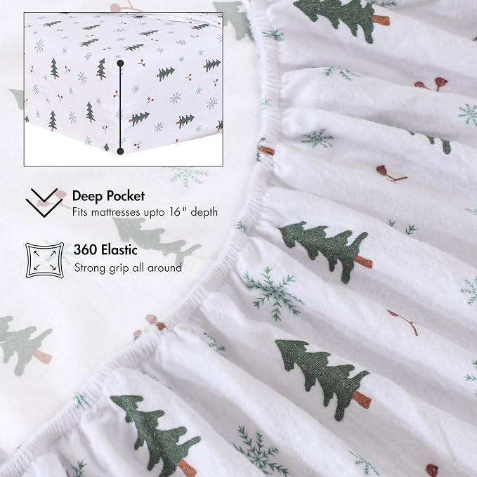 RUVANTI Flannel Sheets Full Size - 100% Cotton Double Brushed Bed Sheets Set, Deep Pockets 16 Inches, All Seasons Breathable & Extra Soft Full Sheets, Warm & Cozy, 4 Piece, Berry & Pine