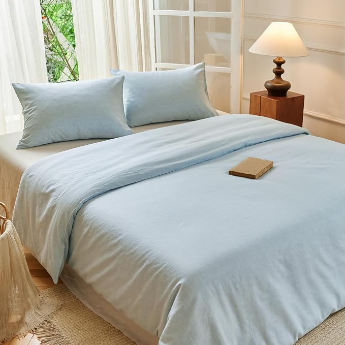 Simple&Opulence Linen Duvet Cover Set Queen Size - French Linen Cotton Woven Blend in Light Blue, 3 Pieces (1 Comforter Cover 88x92” + 2 Pillowcases), Soft & Breathable All-Season Farmhouse Bedding