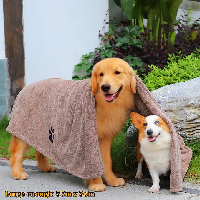 Dogvingpk Extra Large Dog Towel 3 Pack, Super Absorbent Soft Quick Drying Microfiber Pet Bath Towels for Large & Medium Dogs (XL-55" * 36", Green and Brown and Grey)