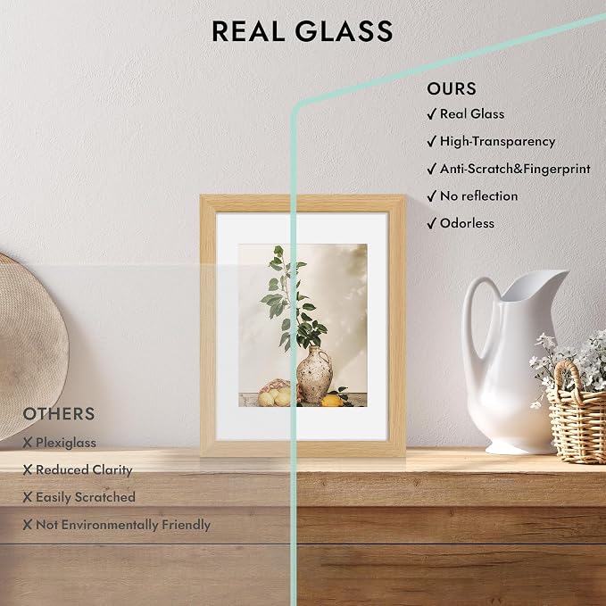 Hongkee 5x8 Oak Wood Picture Frame (1 Pack, Natural) with Real Glass Cover | 5 x 8 Solid Wood Frame for Wall or Tabletop Display - Includes Easel Back, Vertical Hang - Ideal for Home, Office