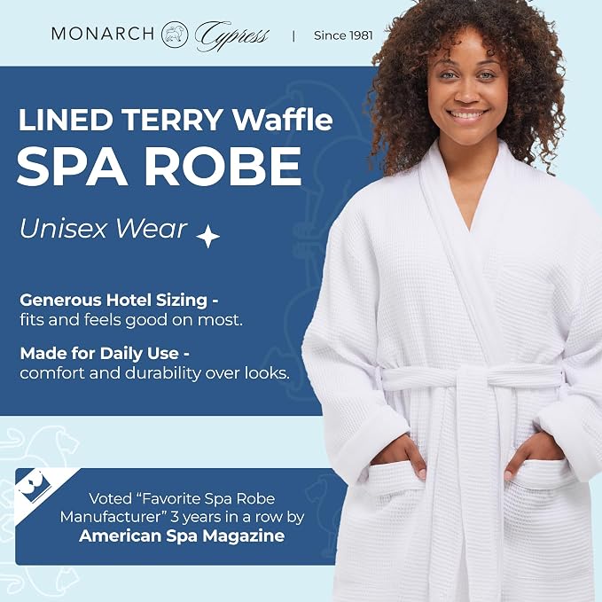 MONARCH Unisex Plush Lined Waffle Spa Robe – Soft and Warm Textured Fabric, Generously Sized Hotel & Spa Robe with Pockets