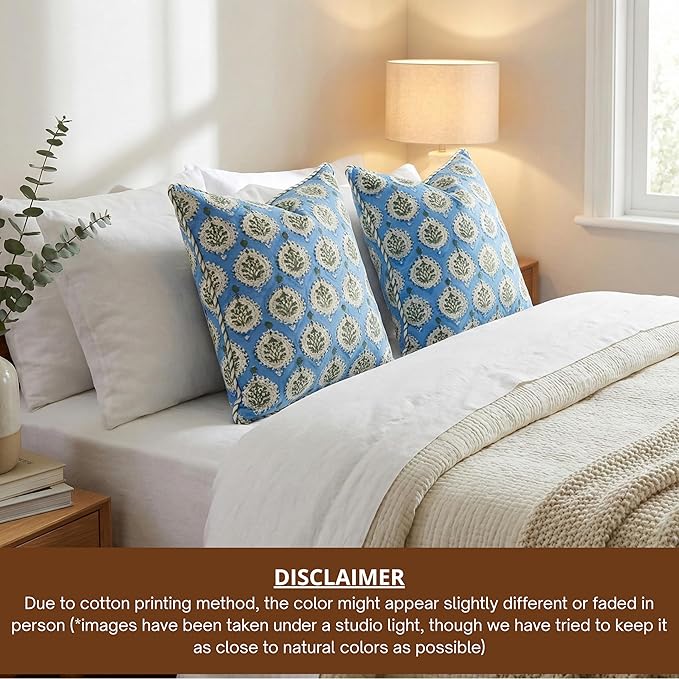 ATOSII Block Print Throw Pillow Covers, 24" X 24" - Set of 2, Decorative Couch Pillows for Living Room Bed Sofa, 100% Cotton Canvas Pillow Case for Home Decor & Outdoors, Preppy Throws - Kari Blue