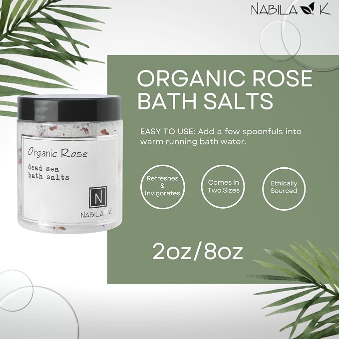 Organic Rose Bath Salts for Women & Men - Dead Sea Salt & Epsom Salt Soak and Scrub - Organic Rose Petals & Geranium Oil, Cruelty-Free, Sulfate-Free | 8 oz | Nabila K