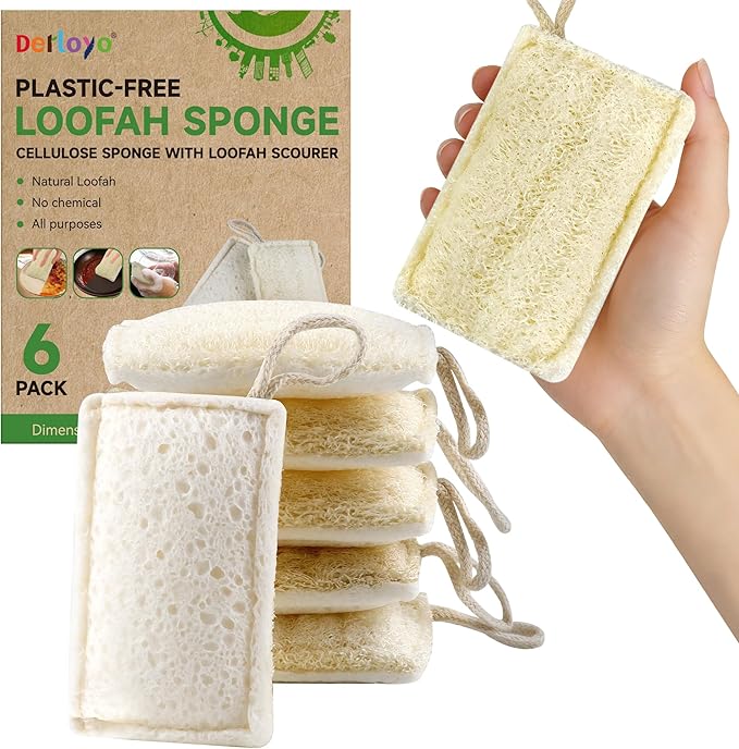6 Pack Natural Loofah Sponges for Dishes, Loofah Kitchen Sponges with Cellulose & Cotton Loop, Natural Sponges for Dishes & Kitchen Cleaning
