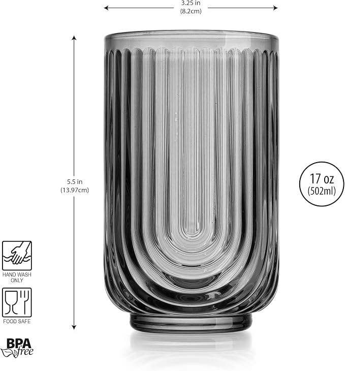 Glaver's Vintage Glassware - Art Deco Ribbed Drinking Glasses, U-Shape Arch Design Colored Cocktail Decorative Party Everyday Kitchen Tumblers, Hand Wash Only (Smoke S/4 17oz)