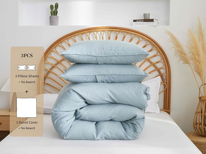 100% French Flax Linen Duvet Cover Set, King Size 104''x90'' 3 Pcs with 8 Corner Ties and Button Closure, Soft and Breathable for All Season(Blue, King)