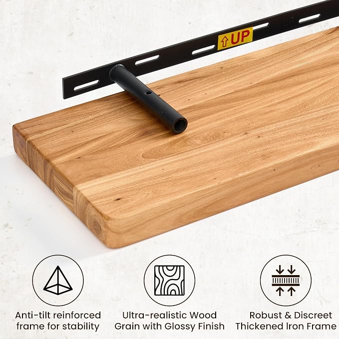 Fun Memories 72 Inch Floating Shelf, 8 Inch Deep Rounded Edge Extra Long Elm Wood Shelf with Hidden Bracket, Solid Wood Mantel Shelf for Fireplace Wall