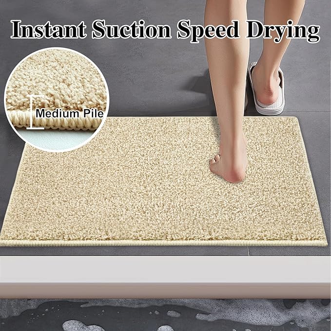 HDFK Bath Mat Non Slip 24x16 Inches Bathroom Rugs 2 Tone Plush Chenille Medium Pile with TPR Backing | Ultra Absorbent Solid Khaki | Shower Rug for Sink Front Tub Step Stain Concealing Decor