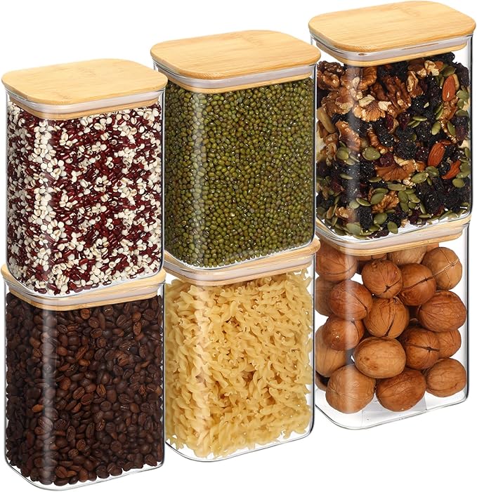 Suclain 6 Pcs 37 oz Rectangle Glass Jars with Bamboo Lids Airtight Food Storage Containers Coffee Containers for Countertop Pantry Storage Kitchen Jars for Sugar Spice Cookie Rice Flour Pasta Candy