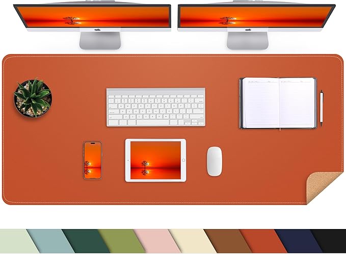 AFIING Cork Desk Mat 47" x 23.6", Dual-Sided Natural Cork & PU Leather Desk Pad, Non-Slip Waterproof Large Mouse Pad for Office, Home & Gaming (Orange)