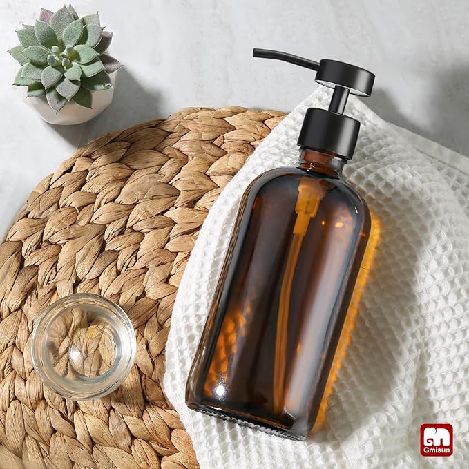 GMISUN Amber Glass Soap Dispenser, 1 Pack Dish Soap Dispensers for Kitchen with Rustproof Stainless Steel Pump, 17 Fl Oz Bathroom Hand Soap Dispenser, Brown Liquid Dishwashing Dispensers Bottle