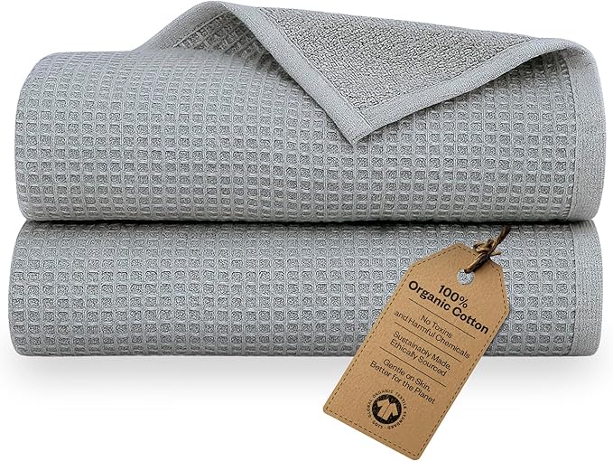 100% Organic Cotton Bath Sheet Set of 2 | Luxury 650 GSM Beach & Spa Towel Sheet | Soft Extra Large Quick Dry Towel for Bathroom | Waffle Terry Weave | Cool Gray 35x70