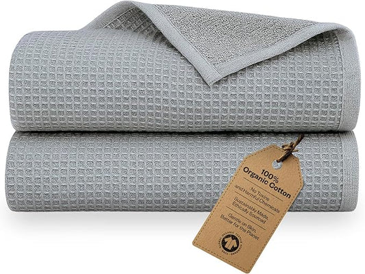 100% Organic Cotton Bath Sheet Set of 2 | Luxury 650 GSM Beach & Spa Towel Sheet | Soft Extra Large Quick Dry Towel for Bathroom | Waffle Terry Weave | Cool Gray 35x70