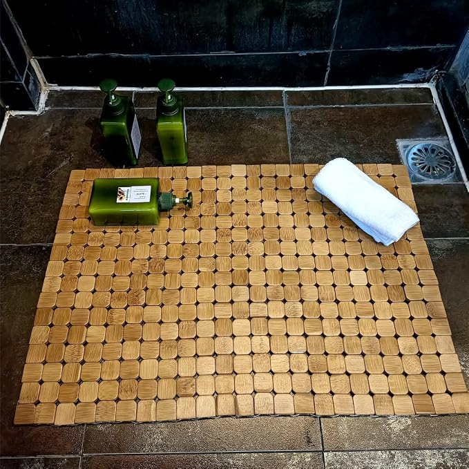 HJJKKH Bamboo Bath Mat with 15.7X23.6 inch,Nature Bamboo Wooden Bathroom Mat,Non Slip and Foldable Floor Shower Bath Mat for Bathroom,Bathtub,Shower,Sauna,Hot Tub