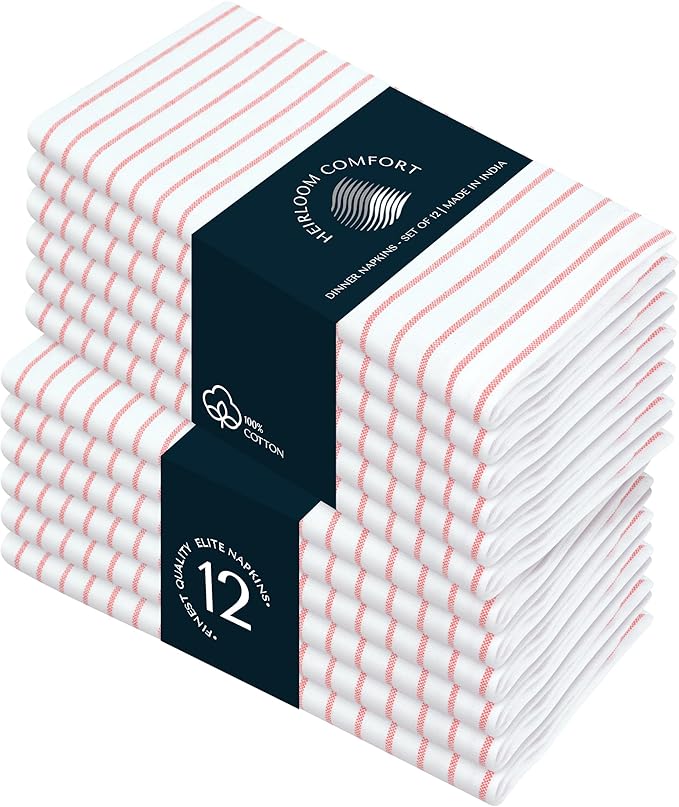 Orange Stripe Cloth Napkins (Set of 12), Large 18 x 18 Inches, 100% Cotton, Machine Washable, Classic Striped Table Napkin for Dinner, Lunch, Parties, Celebrations, Everyday Use