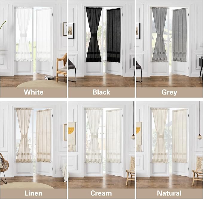 2 Pieces French Door Curtain Linen Light Through W50 x L72 for Bedroom Kitchen Room 2 Tiebacks Semi Sheer Natural Door Curtains Wrinkle Free Chic Semi Transparent Linen Dual Rod Pocket