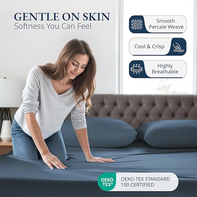 LANE LINEN 100% Organic Cotton Fitted Sheet Twin Size Set (No Flat Sheet) - Soft & Breathable Percale Weave Fitted Sheet Set - 15'' Deep Pocket For Snug Fit - GOTS Certified - Navy