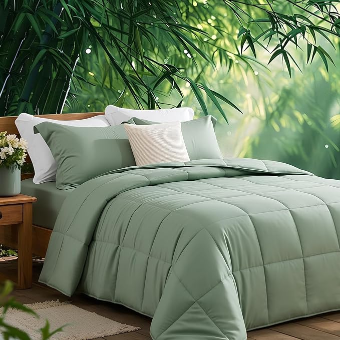 NEXHOME PRO 100% Viscose from Bamboo Comforter Queen Size - Ultra-Soft, Breathable, Lightweight All-Season & Summer Duvet Insert, Natural Temperature Regulating for Cooling Sleep Sage Green