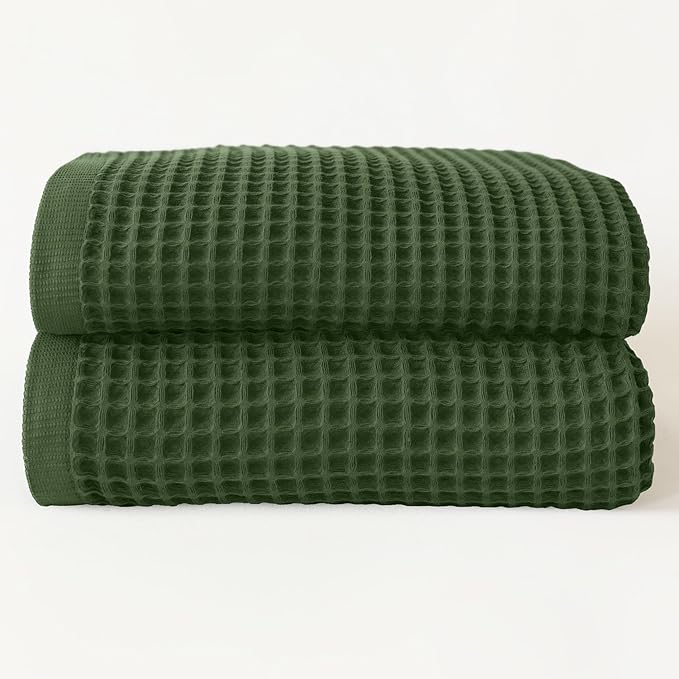Premium Waffle Bath Towels Pack of 2 Extra Large 35x71 inch - 100% Turkish Cotton, Waffle Weave, Quick Dry, Lint Free, Oversized, Thin Bath Sheet Towel (Dark Green, Set of 2 Bath Towels)