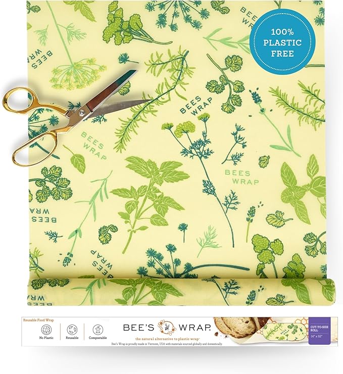 Bee's Wrap Vegan Beeswax Wraps for Food - Cut to Size 14x52" Beeswax Wrap Roll - Plastic Free Made in USA Reusable Natural Food Wrap - Herb Garden
