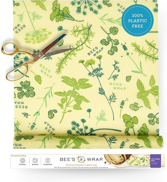 Bee's Wrap Vegan Beeswax Wraps for Food - Cut to Size 14x52" Beeswax Wrap Roll - Plastic Free Made in USA Reusable Natural Food Wrap - Herb Garden