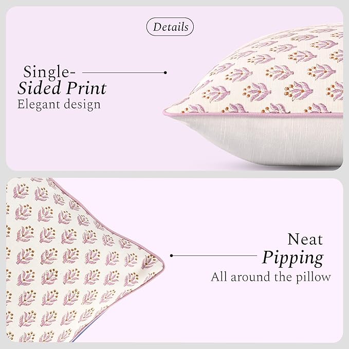 CPC Throw Piping Pillow Covers for Couch, 20x20 Inch Pillows for Living Room, 100% Cotton Boho Cute Outdoor Pillows, Flower Cushion Covers Gift for Spring, Easter - Cottage Mauve Bloom
