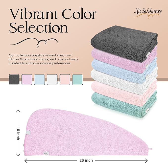 Lili&James 100% Cotton Hair Towel Wrap for Women & Kids – 420 GSM Quick Dry Hair Turban with Double Button Loop, Anti Frizz Non Microfiber Hair Drying Towel for Long & Thick Hair (White+Pink+Lilac)