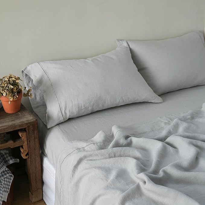 100% French Linen Pillowcases with Embroidery - Pack of 2 - Washed Solid Color Natural Flax Soft Breathable - Grey, 20'' x 30''