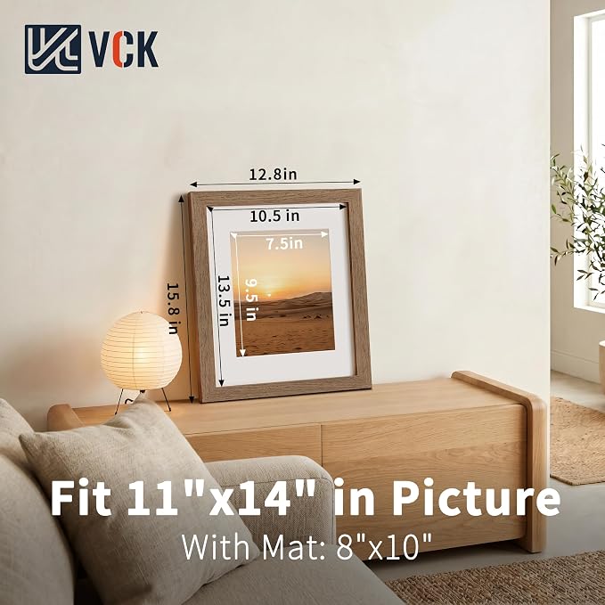 VCK 11x14 Picture Frames Walnut 3 Pack, Wide Border Wood, Tempered Glass, Display 8x10 Poster Photo with Mat or 11 x 14 Without, for Home, Office, Gallery, Woodgrain Series, Wall Hanging