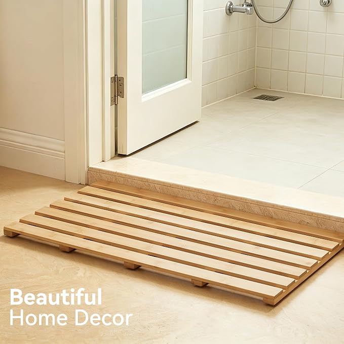 Bamboo Bath Mat, Non-Slip Waterproof Shower Mat with Rubber Feet Luxury Spa-Grade Wooden Floor Mat for Bathroom, Bathtub, Sauna, Indoor & Outdoor Use