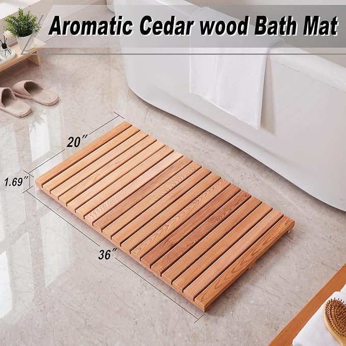 bingaai Cedar Wood Bath Mat 36"×20", Cedar Wooden Bath Mats, Wood Shower Stall Mat Non-Slip for Bathroom Bathtub Spa Sauna Garden Home, Wooden Floor Mat Large for Indoor and Outdoor