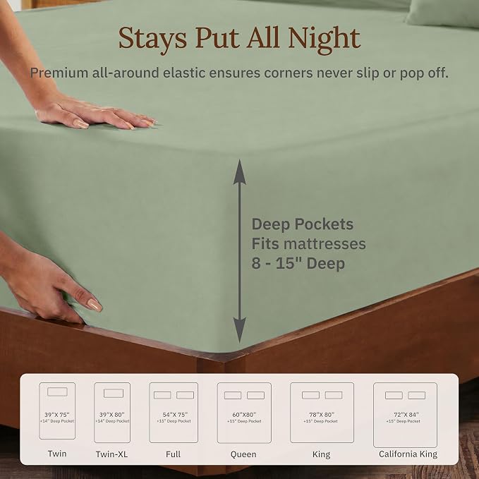 California Design Den Queen Sheets Set - 100% Organic Cotton, Soft and Lightweight Sateen, Deep Pocket Queen Organic Sheets, Durable Bedding - Pale Green
