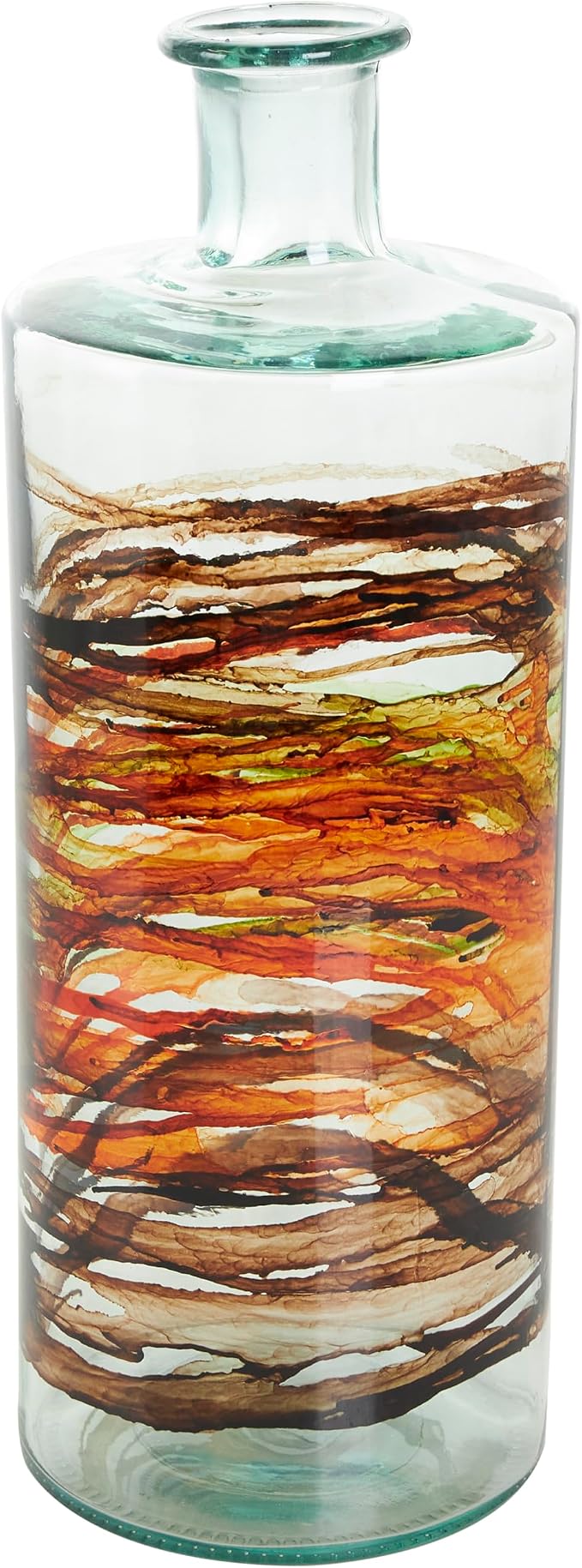 Deco 79 Recycled Glass Decorative Vase Abstract Spanish Bottle Centerpiece Vase with Swirled Colored Glass Bands, Flower Vase for Home Decoration 6" x 6" x 16", Clear