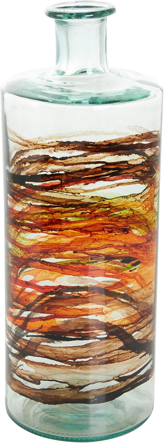 Deco 79 Recycled Glass Decorative Vase Abstract Spanish Bottle Centerpiece Vase with Swirled Colored Glass Bands, Flower Vase for Home Decoration 6" x 6" x 16", Clear
