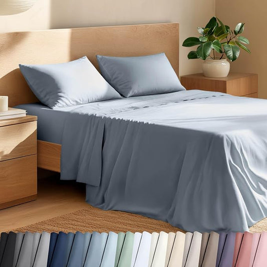 Bare Home 100% Organic Cotton Twin XL Sheet Set - Crisp Percale Weave - Lightweight & Breathable - Bedding Sheets & Pillowcases (Twin XL, Dusty Blue)
