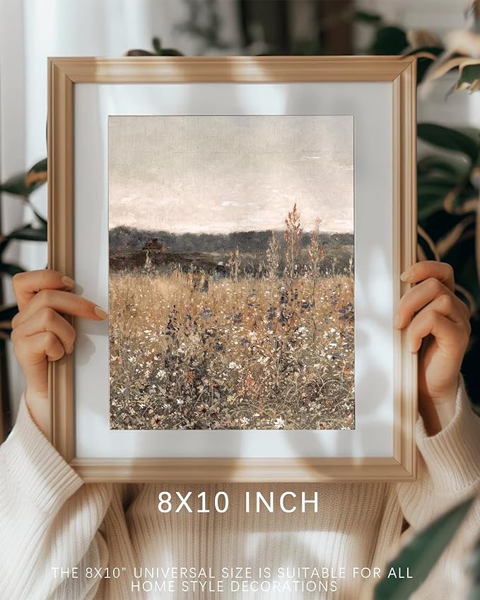 Wildflower Field Landscape Vintage Canvas Wall Art, Vertical Country Landscape Print for Home Decor, Farmhouse Muted Paintings Art Picture Aesthetic for Bedroom Bathroom Living Room Office Decor (8" x 10"-UNFRAMED)