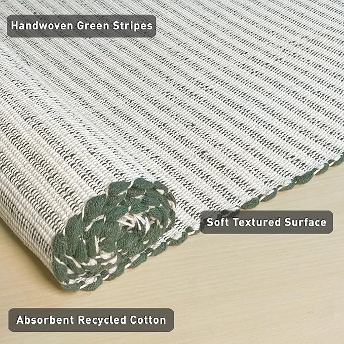 Chardin home Green & Ivory Providence Throw Rug 2x6 feet |Hand Woven Farmhouse Rug | Great in Kitchens entryways doormats Bathrooms Meditation Mat | Machine Washable & Reversible Cotton Rug