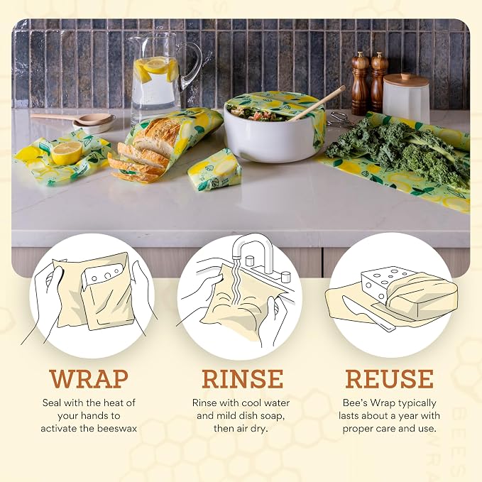 Bee's Wrap - Limited Edition - Beeswax Wraps for Food - 3 Pack of Assorted Beeswax Wraps - Small, Medium & Large Wrap - Plastic Free Made in USA Reusable Natural Food Wrap - Fresh Squeeze Print