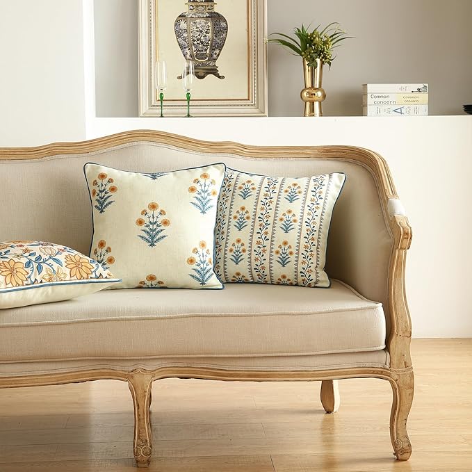 ISAENNE Design Square Simple Elegant Linen Throw Pillow Covers 18"x18" Pack of 2, Blue Yellow Floral Pattern Cushion Covers Decor Pillowcases for Bed,Living Room,Outdoor,Car