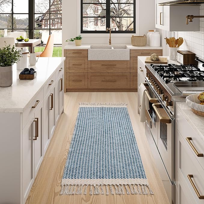 Lahome Belle Boho Laundry Room Rug Runner, 2x4.3 Bathroom Runner Rug Lightweight Kitchen Rugs Woven Cotton Throw Mat with Tassels, Farmhouse Washable Blue Rugs Low Pile for Bedroom Door Mat