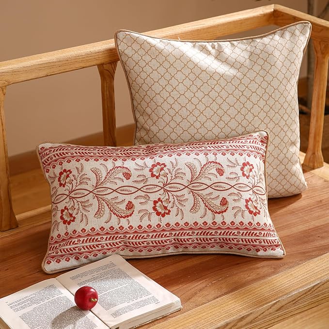 ISAENNE Design Euro Linen Rectangle Throw Pillow Covers 12"x20" Pack of 2, French Country Cushion Covers with Orange Morris Floral Pattern Decoration Pillowcases for Bed, Living Room, Outdoor, Car