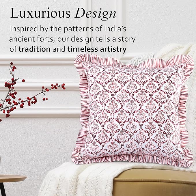 CPC Blush Rose Hand Block Print 100% Cotton Ruffle Throw Pillow Cover 24x24 inch with Hidden Zipper Decorative for Couch, Bed, Sofa, Farmhouse, Cottagecore Decor Gift Christmas Fall Thanksgiving