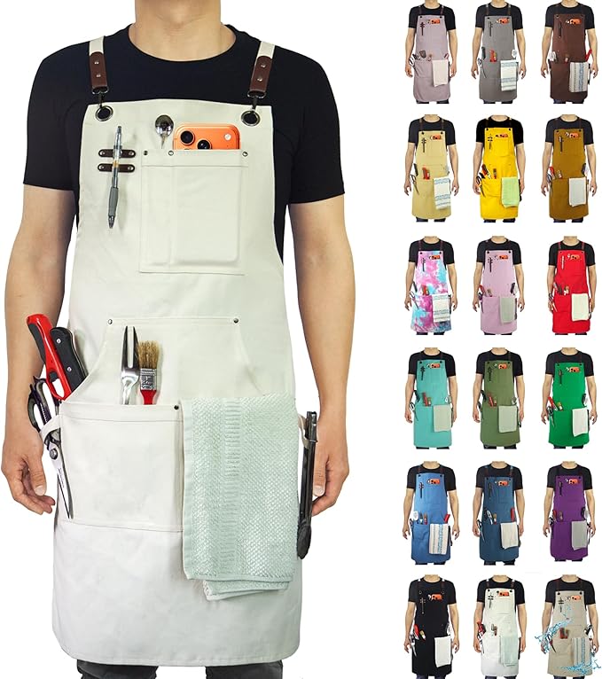 Kitchen Apron, Work Apron, Canvas, Multiple Pockets, Gardening, Painting, BBQ, Artist, Carpenter, Sizes M to XXL, White