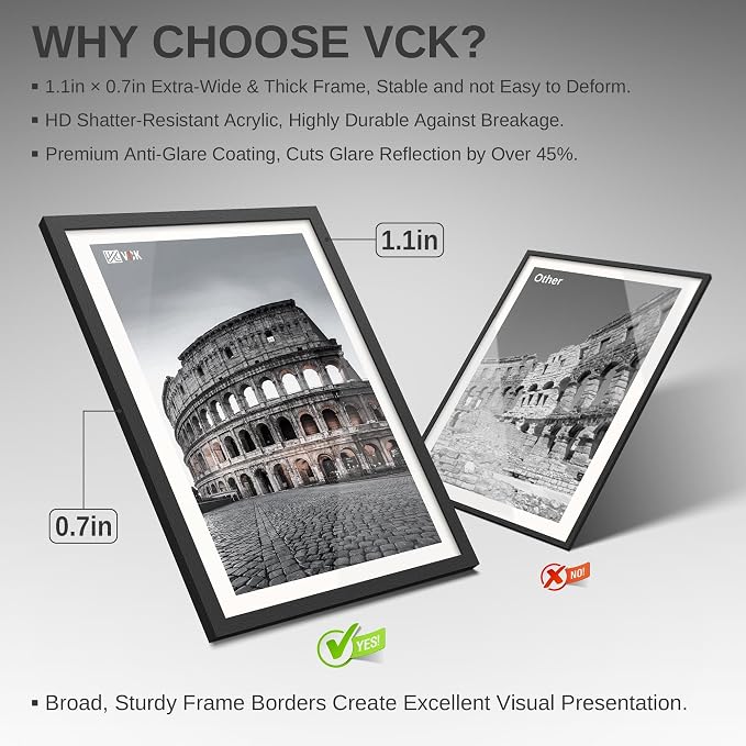 VCK 22.375x34 Poster Frame Black - 4 Pack, Gallery-Quality Wood Picture Frames, 1.1-Inch Wide Border, Polished Plexiglass, Vertical or Horizontal Wall