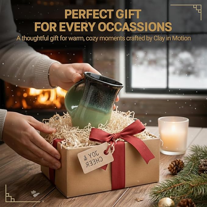 Clay in Motion Hand Warmer Coffee Mug – Handmade Coffee Mug With Comfortable Handle Contoured Pocket Hand Warming Ceramic Coffee Mug – Proudly Made in USA – Left Handed – 14 Oz - Midnight Prairie