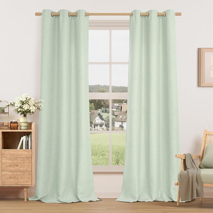 LAMIT Linen Curtains 84 inches Long 2 Panels, Linen Textured Thermal Insulated Curtains Grommet Privacy Light Filtering Boho Drapes for Living Room/Farmhouse, Set of 2 Panels, W38 x L84, Light Green
