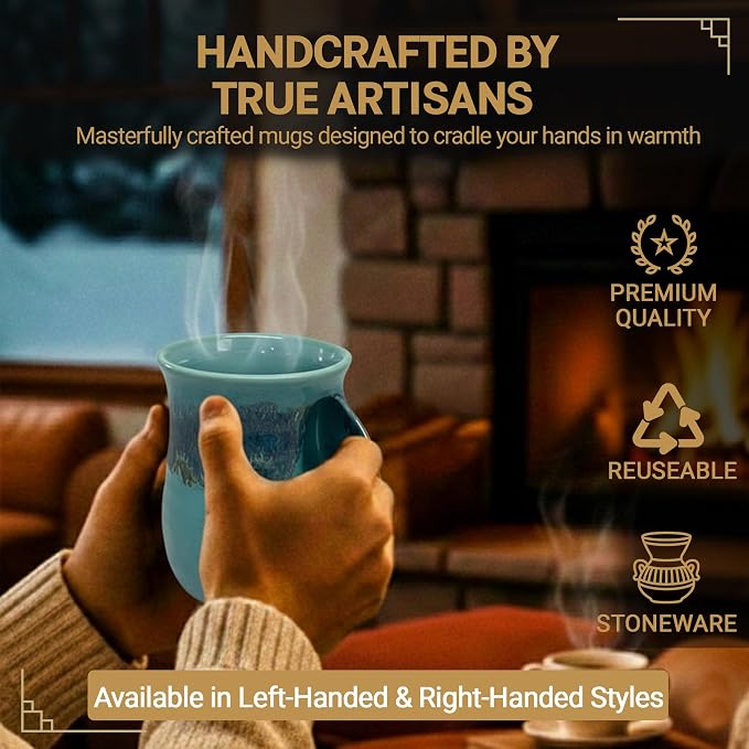 Clay in Motion Hand Warmer Coffee Mug – Handmade Coffee Mug With Comfortable Handle Contoured Pocket Hand Warming Ceramic Coffee Mug – Proudly Made in USA – Right Handed – 14 Oz - Raging Rapid
