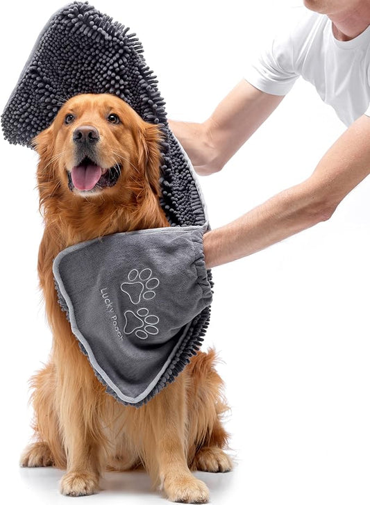Lucky Pooch® Super Absorbent Shammy Dog Towel - Luxuriously Soft Hand Pockets – 34.5x12.5in – Quick Drying Microfiber Dog Bath Towel – Durable Towels for Drying Dogs (Pack of 1, Gray)